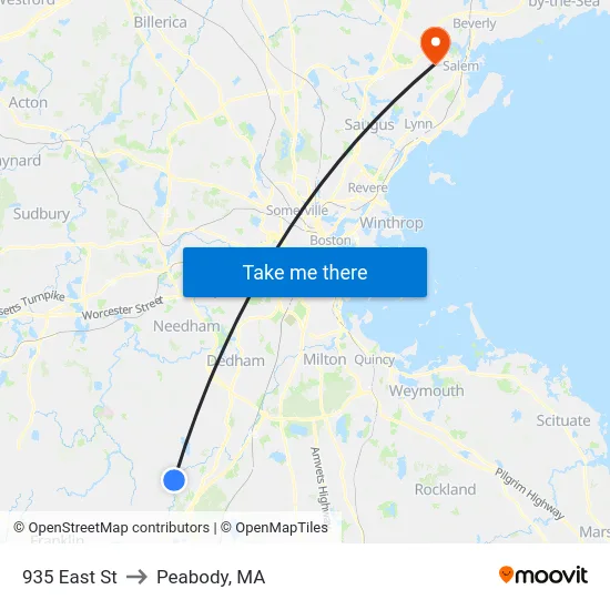 935 East St to Peabody, MA map