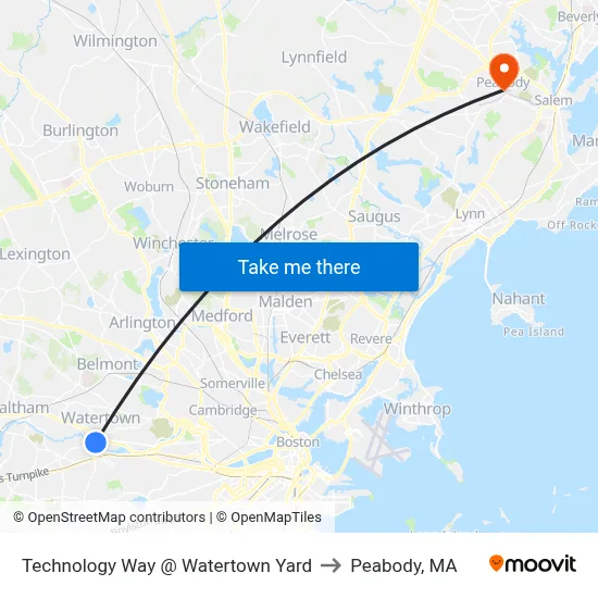 Technology Way @ Watertown Yard to Peabody, MA map