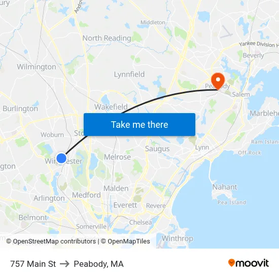 757 Main St to Peabody, MA map