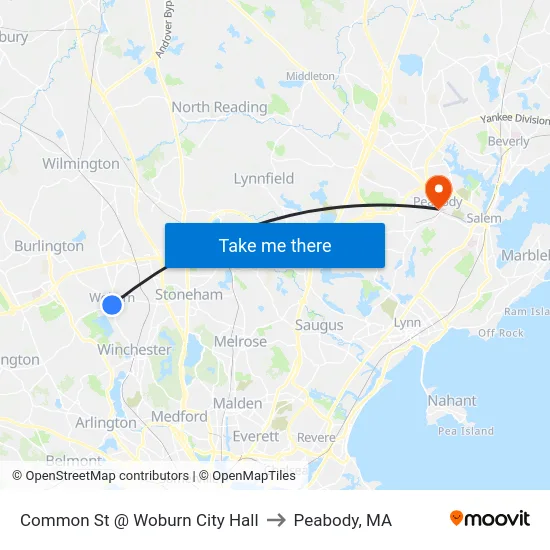 Common St @ Woburn City Hall to Peabody, MA map