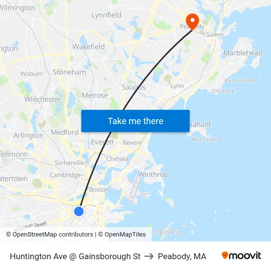 Huntington Ave @ Gainsborough St to Peabody, MA map