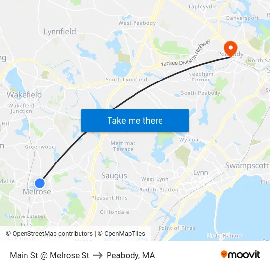 Main St @ Melrose St to Peabody, MA map