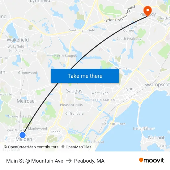 Main St @ Mountain Ave to Peabody, MA map