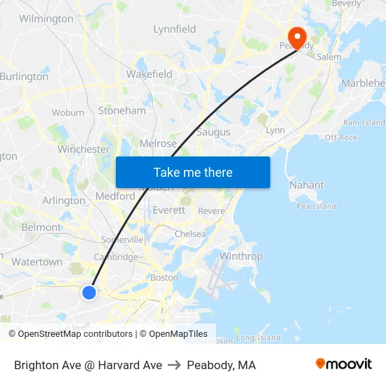 Brighton Ave @ Harvard Ave to Peabody, MA map