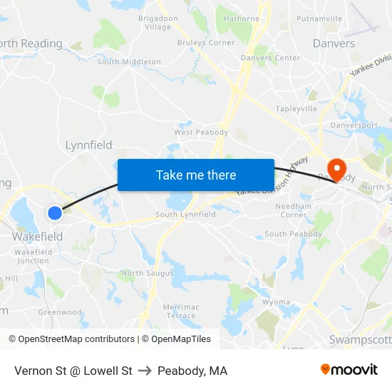 Vernon St @ Lowell St to Peabody, MA map