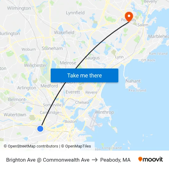 Brighton Ave @ Commonwealth Ave to Peabody, MA map