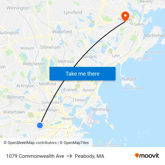1079 Commonwealth Ave to Peabody, MA map