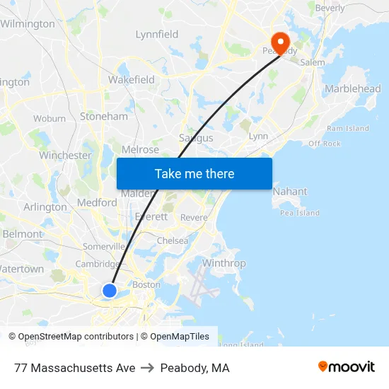 77 Massachusetts Ave to Peabody, MA map