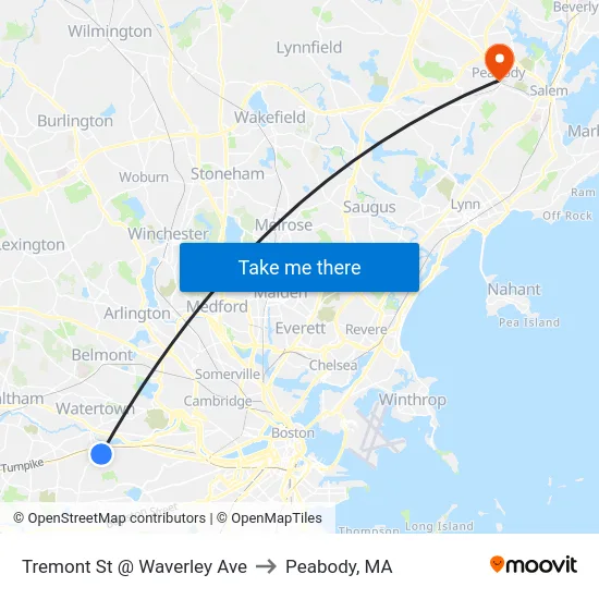 Tremont St @ Waverley Ave to Peabody, MA map