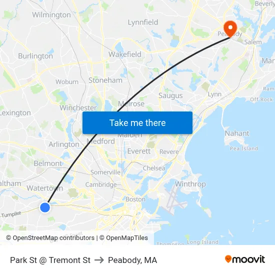 Park St @ Tremont St to Peabody, MA map