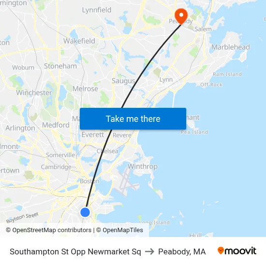 Southampton St Opp Newmarket Sq to Peabody, MA map