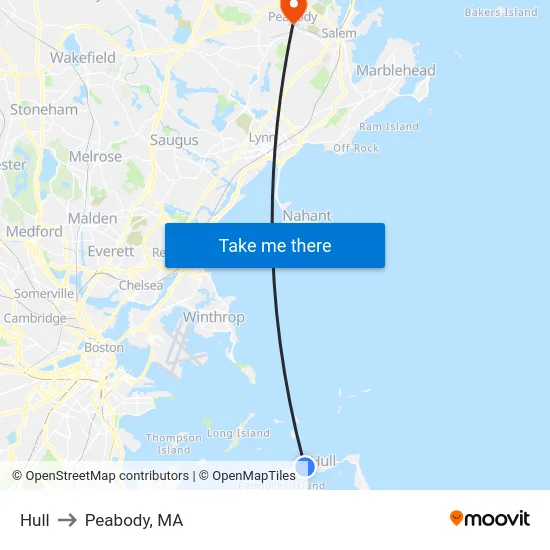 Hull to Peabody, MA map