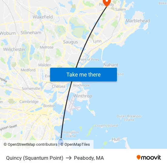 Quincy (Squantum Point) to Peabody, MA map
