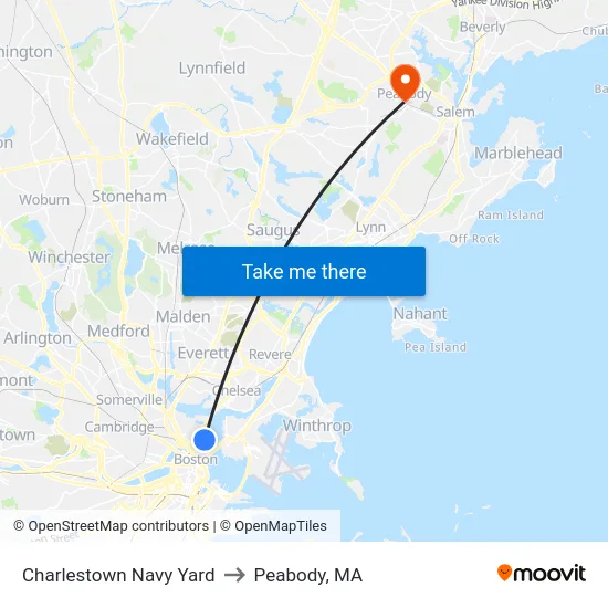 Charlestown Navy Yard to Peabody, MA map