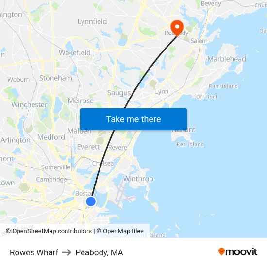 Rowes Wharf to Peabody, MA map