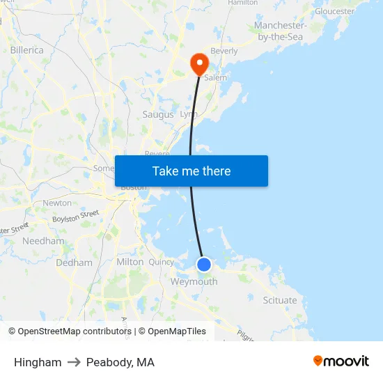 Hingham to Peabody, MA map