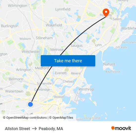 Allston Street to Peabody, MA map