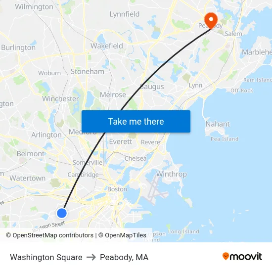 Washington Square to Peabody, MA map