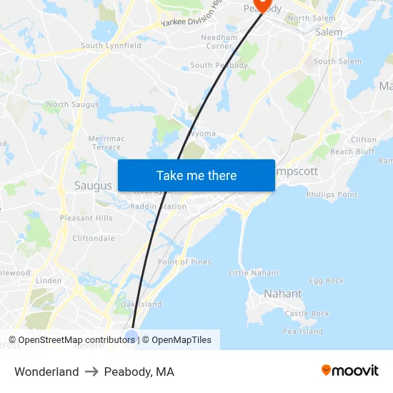 Wonderland to Peabody, MA map