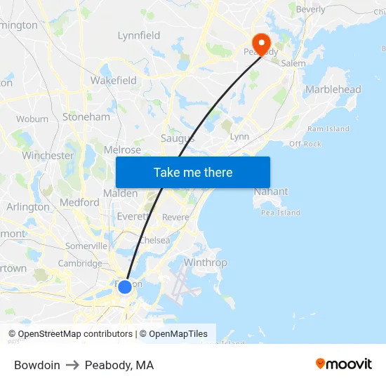 Bowdoin to Peabody, MA map