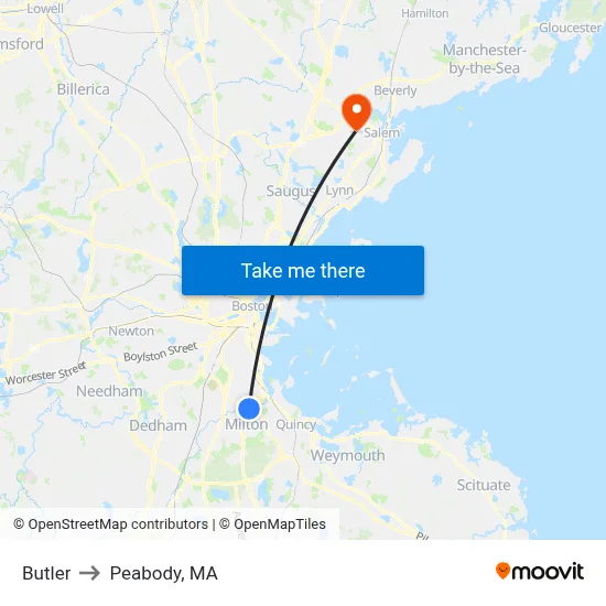 Butler to Peabody, MA map