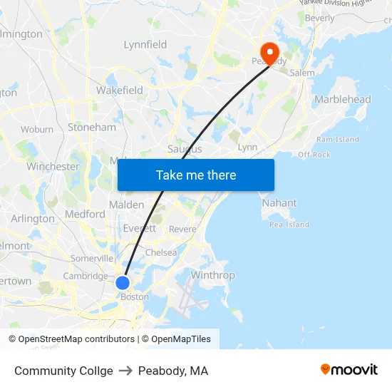 Community Collge to Peabody, MA map