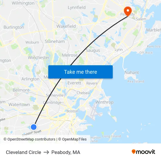 Cleveland Circle to Peabody, MA map
