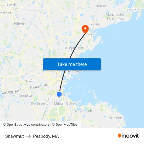 Shawmut to Peabody, MA map
