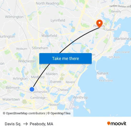 Davis Sq. to Peabody, MA map