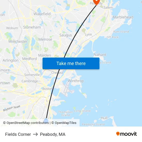 Fields Corner to Peabody, MA map