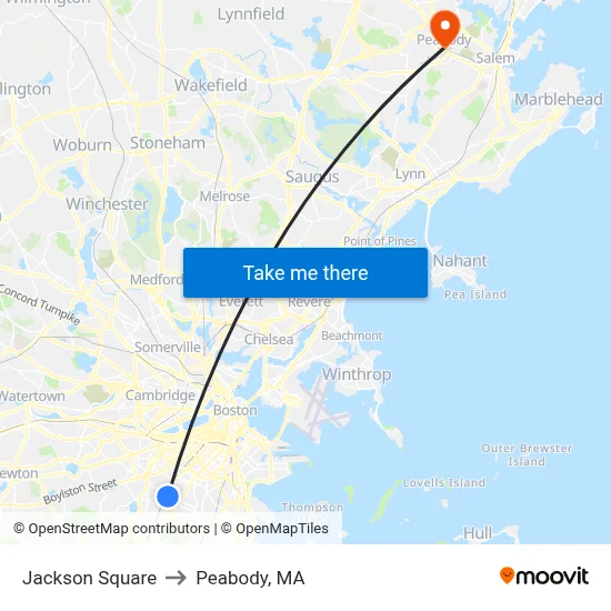Jackson Square to Peabody, MA map