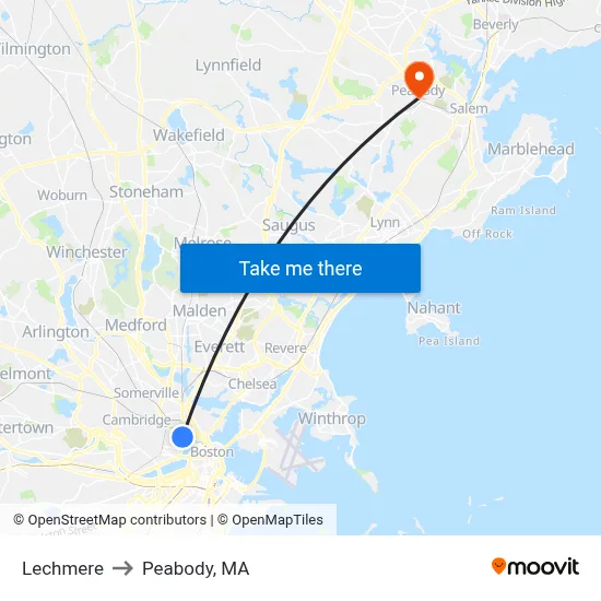 Lechmere to Peabody, MA map