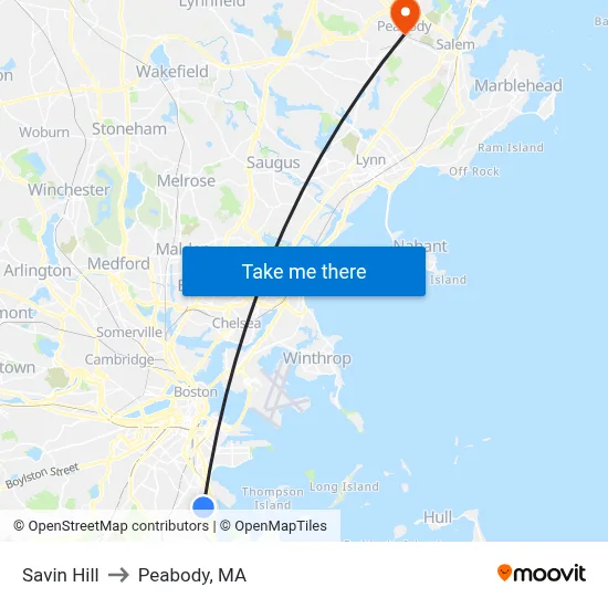 Savin Hill to Peabody, MA map