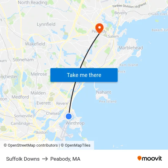 Suffolk Downs to Peabody, MA map