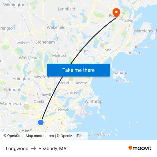 Longwood to Peabody, MA map