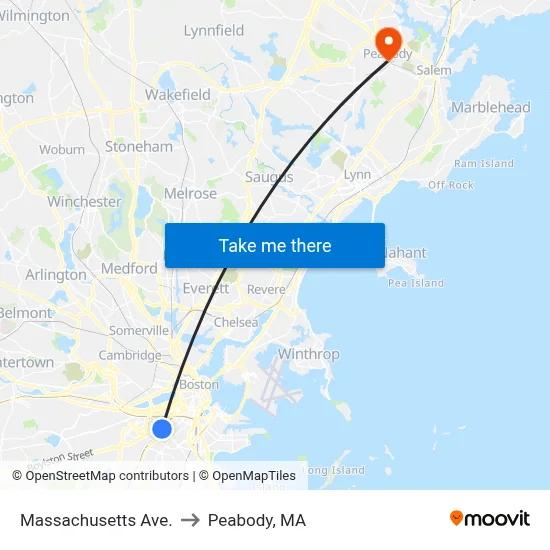 Massachusetts Ave. to Peabody, MA map