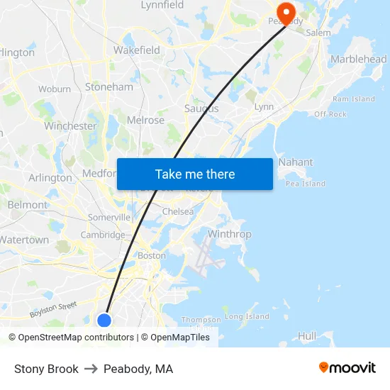 Stony Brook to Peabody, MA map