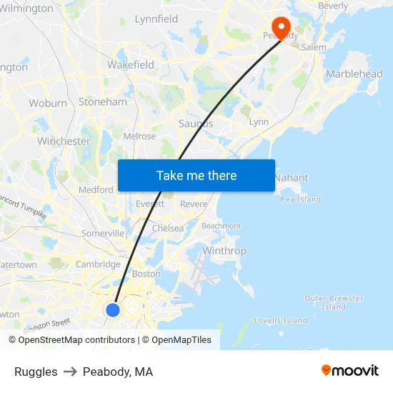 Ruggles to Peabody, MA map