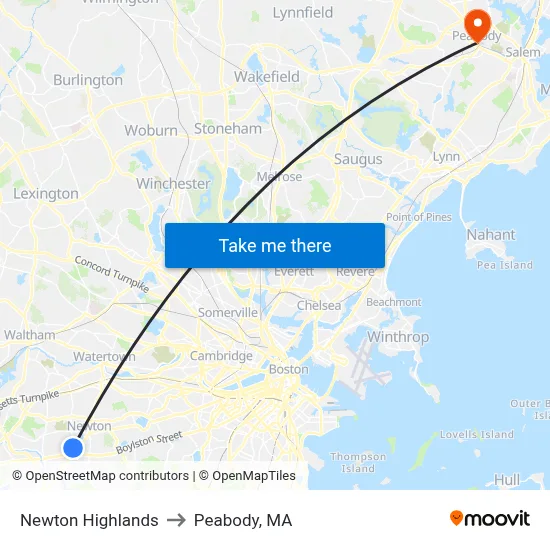 Newton Highlands to Peabody, MA map