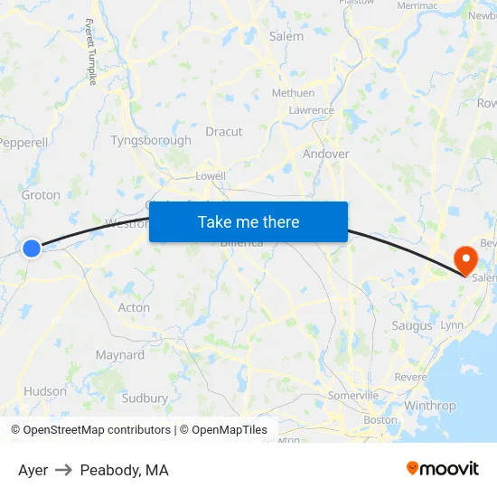 Ayer to Peabody, MA map