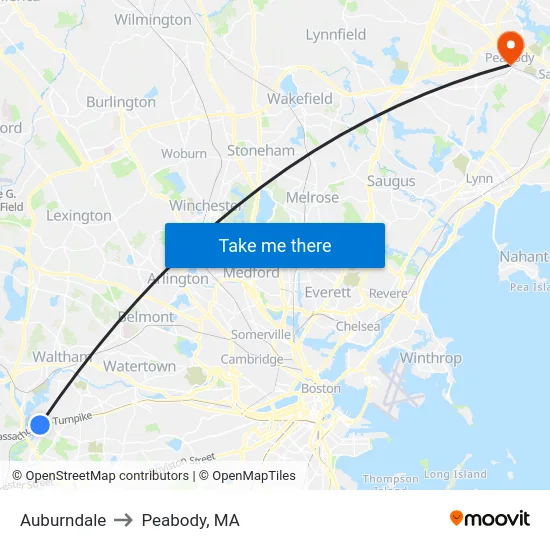 Auburndale to Peabody, MA map