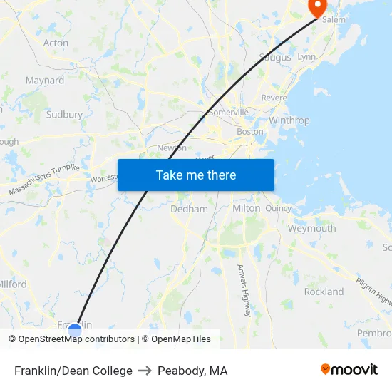 Franklin/Dean College to Peabody, MA map