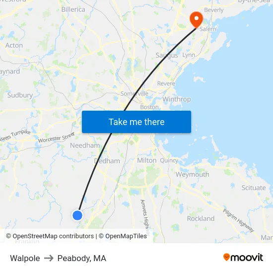 Walpole to Peabody, MA map
