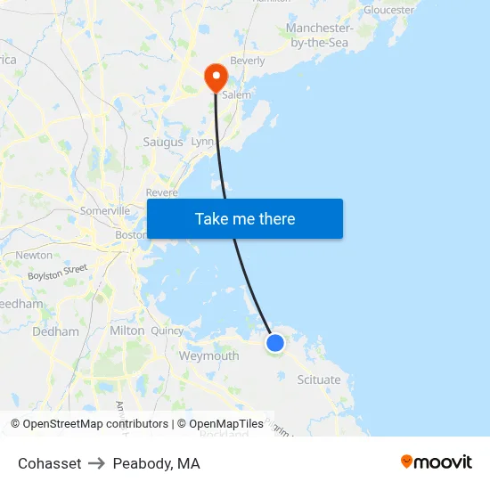 Cohasset to Peabody, MA map