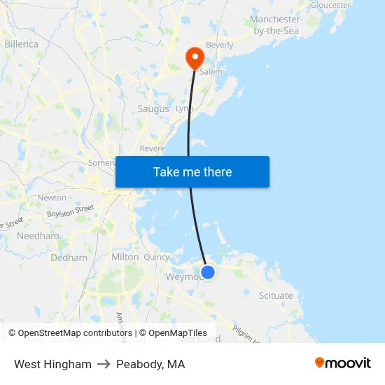 West Hingham to Peabody, MA map