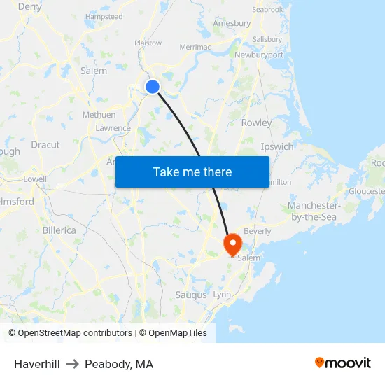 Haverhill to Peabody, MA map