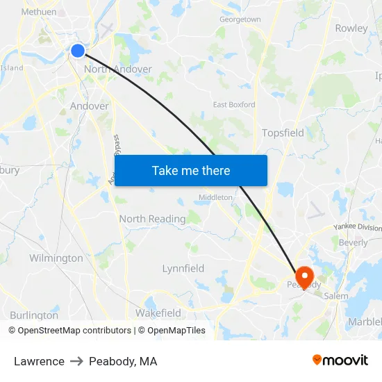 Lawrence to Peabody, MA map