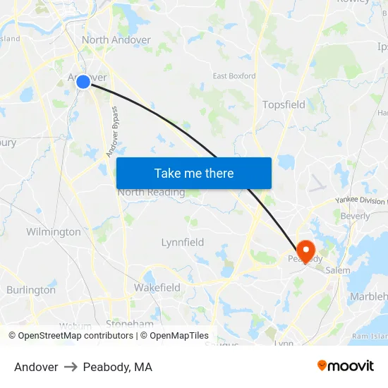 Andover to Peabody, MA map