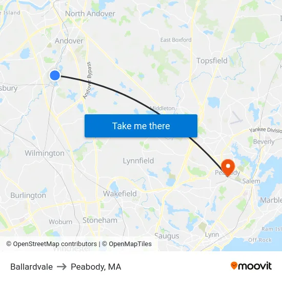 Ballardvale to Peabody, MA map