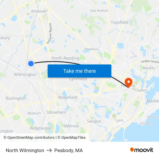 North Wilmington to Peabody, MA map